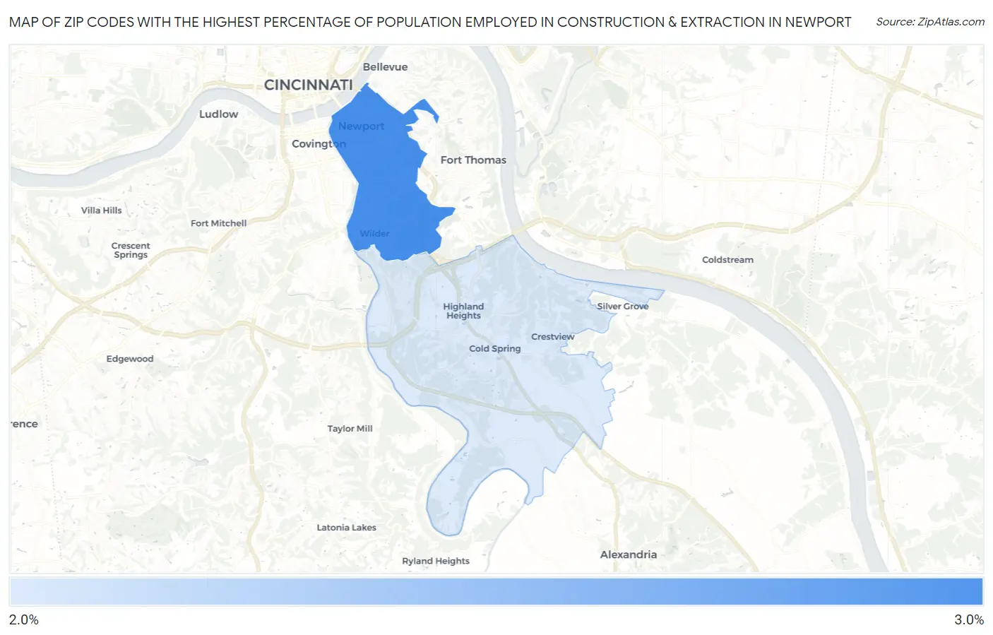 Zip Codes with the Highest Percentage of Population Employed in Construction & Extraction in Newport Map