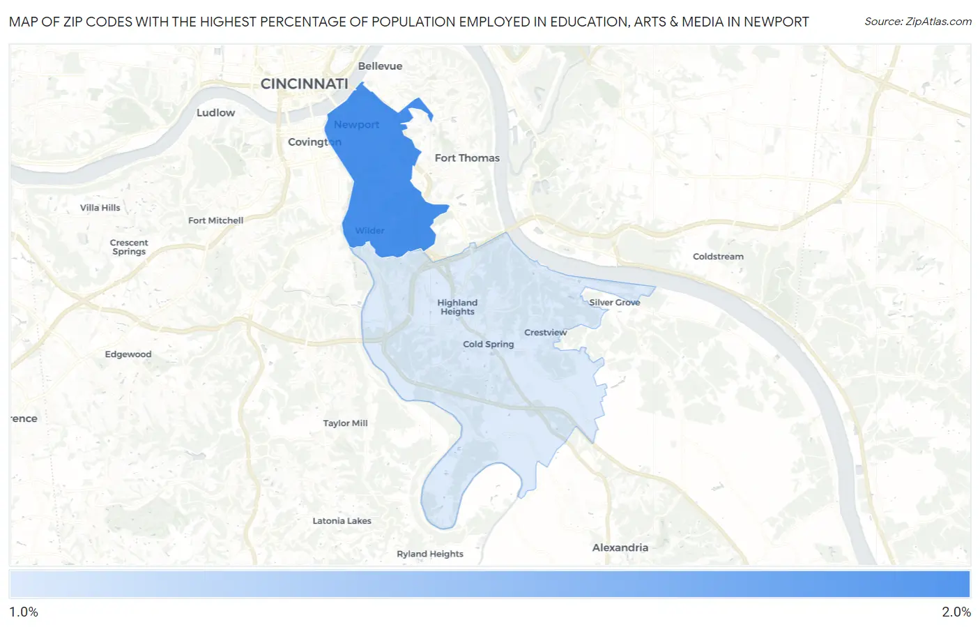 Zip Codes with the Highest Percentage of Population Employed in Education, Arts & Media in Newport Map