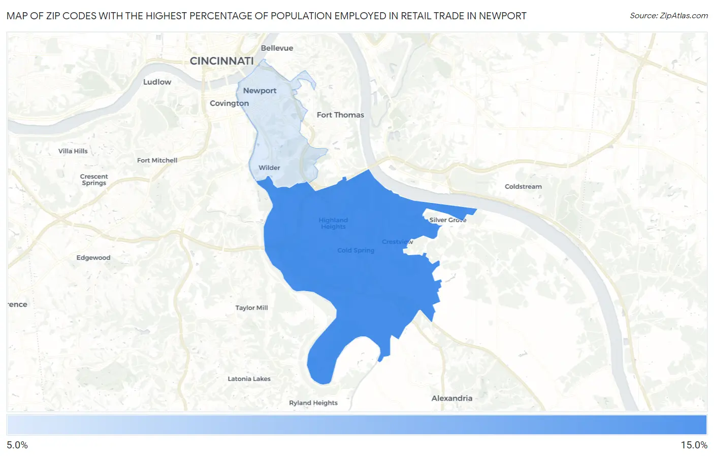 Zip Codes with the Highest Percentage of Population Employed in Retail Trade in Newport Map