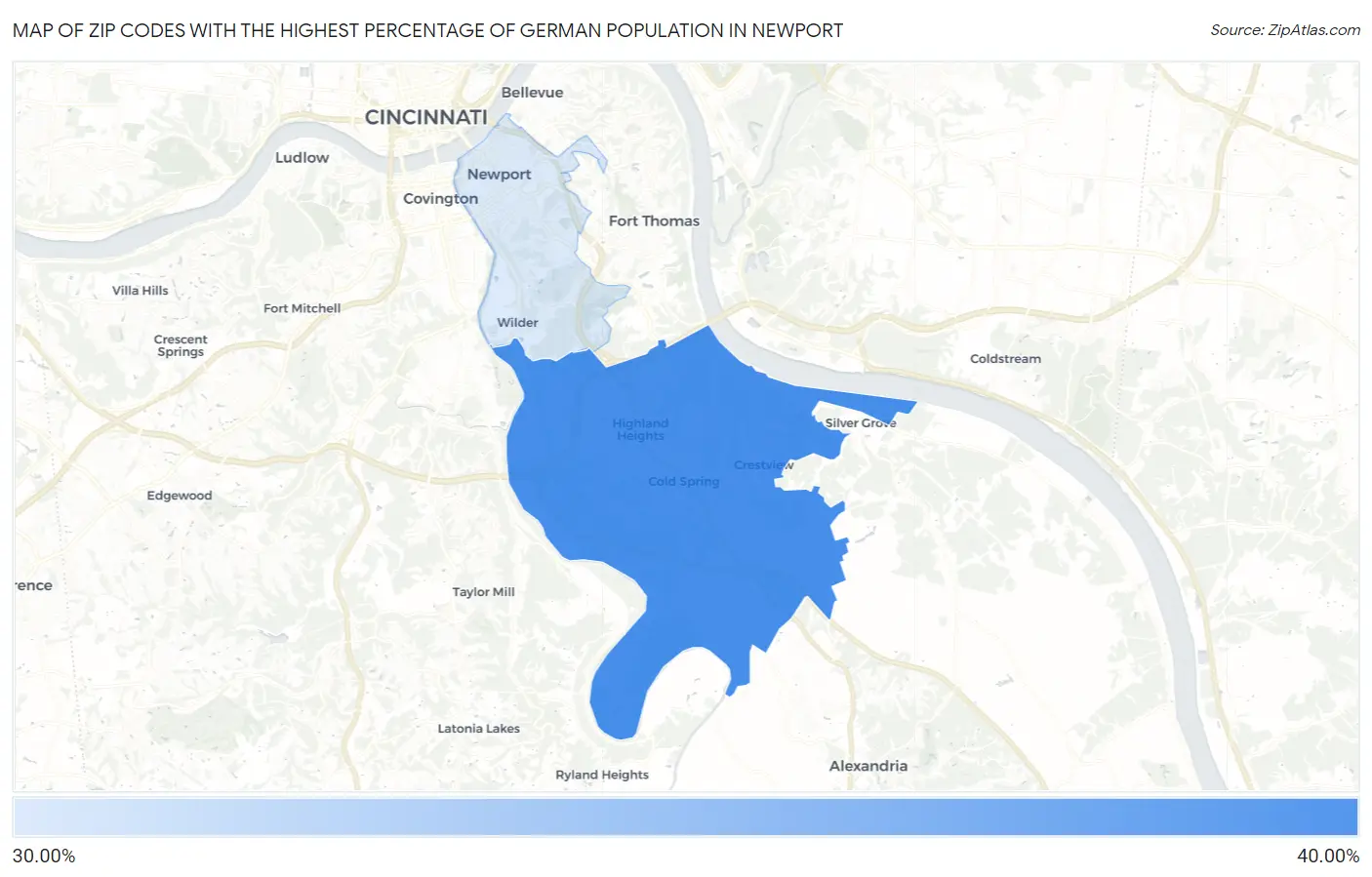 Zip Codes with the Highest Percentage of German Population in Newport Map