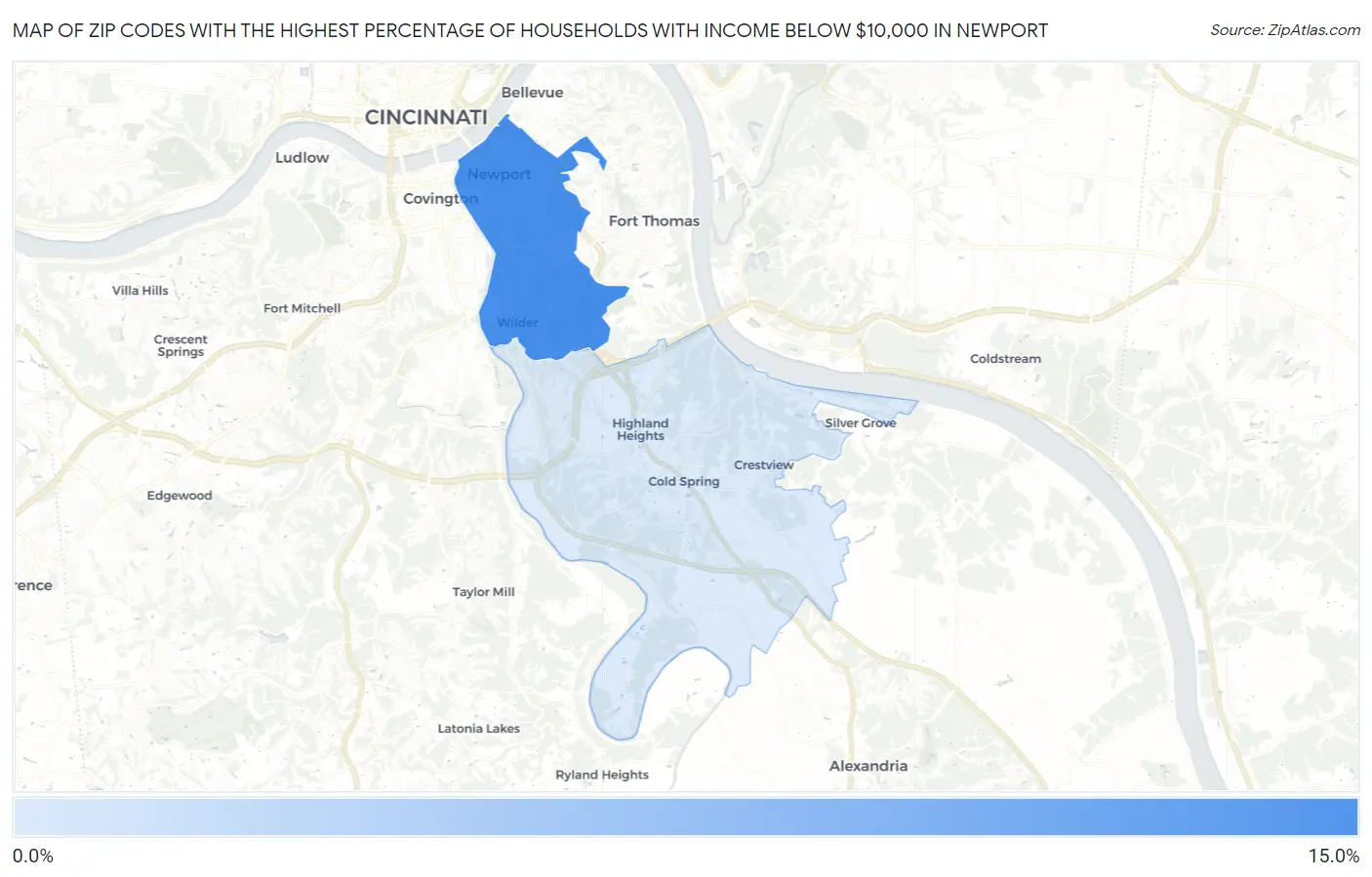 Zip Codes with the Highest Percentage of Households with Income Below $10,000 in Newport Map