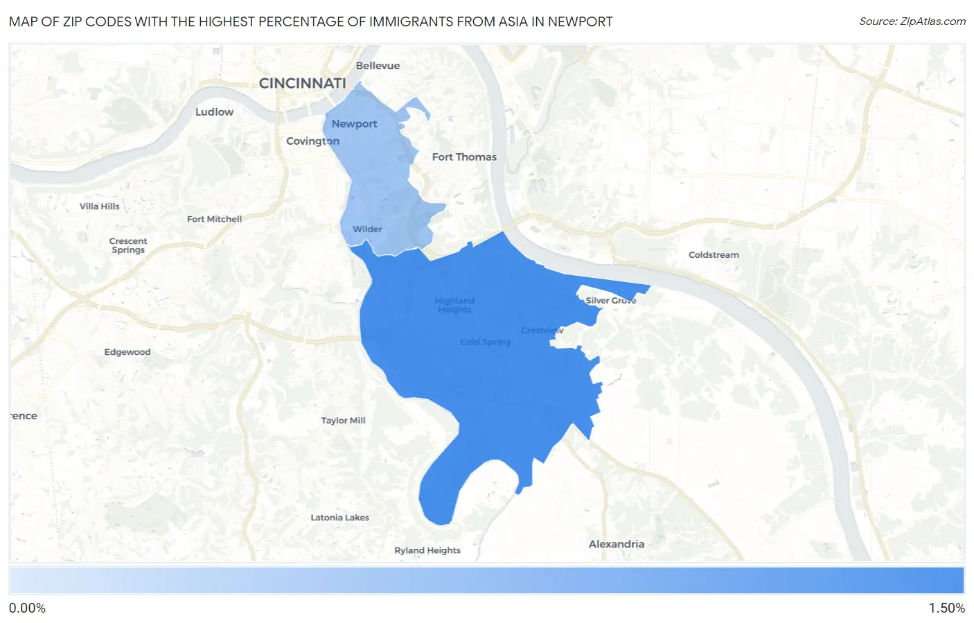 Zip Codes with the Highest Percentage of Immigrants from Asia in Newport Map