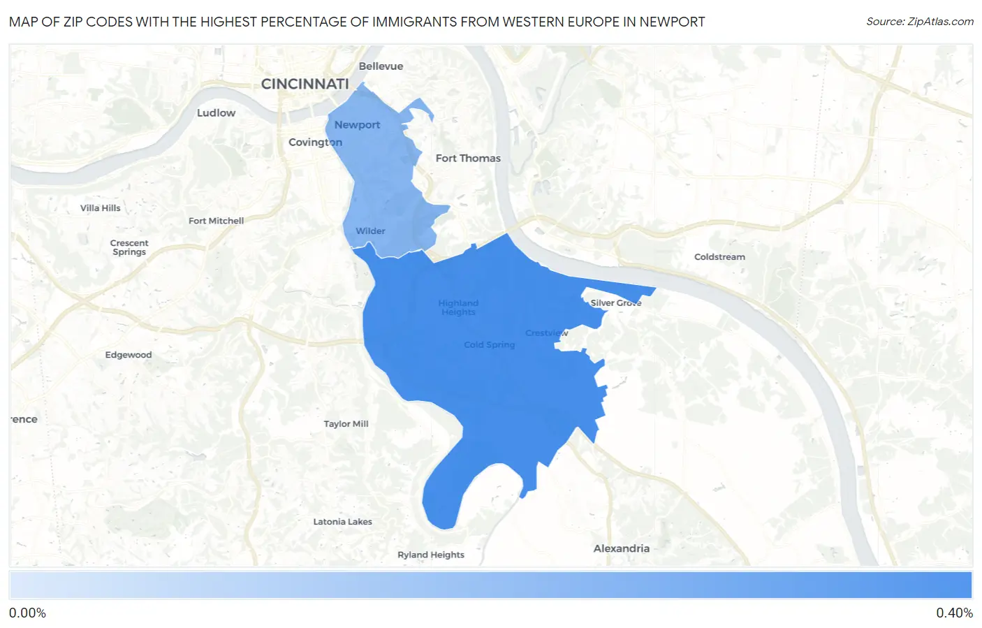 Zip Codes with the Highest Percentage of Immigrants from Western Europe in Newport Map