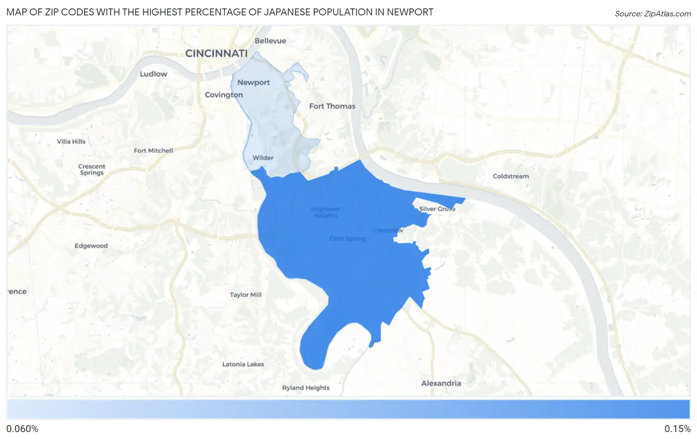 Zip Codes with the Highest Percentage of Japanese Population in Newport Map