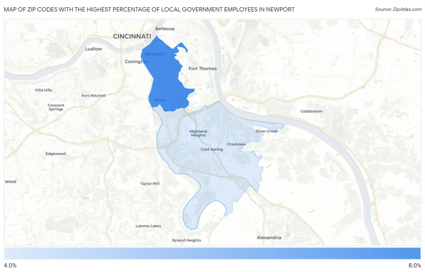 Zip Codes with the Highest Percentage of Local Government Employees in Newport Map