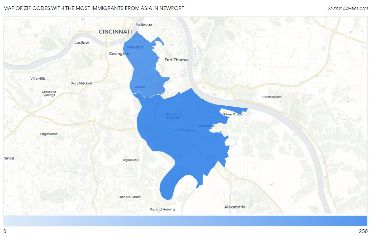 Zip Codes with the Most Immigrants from Asia in Newport Map