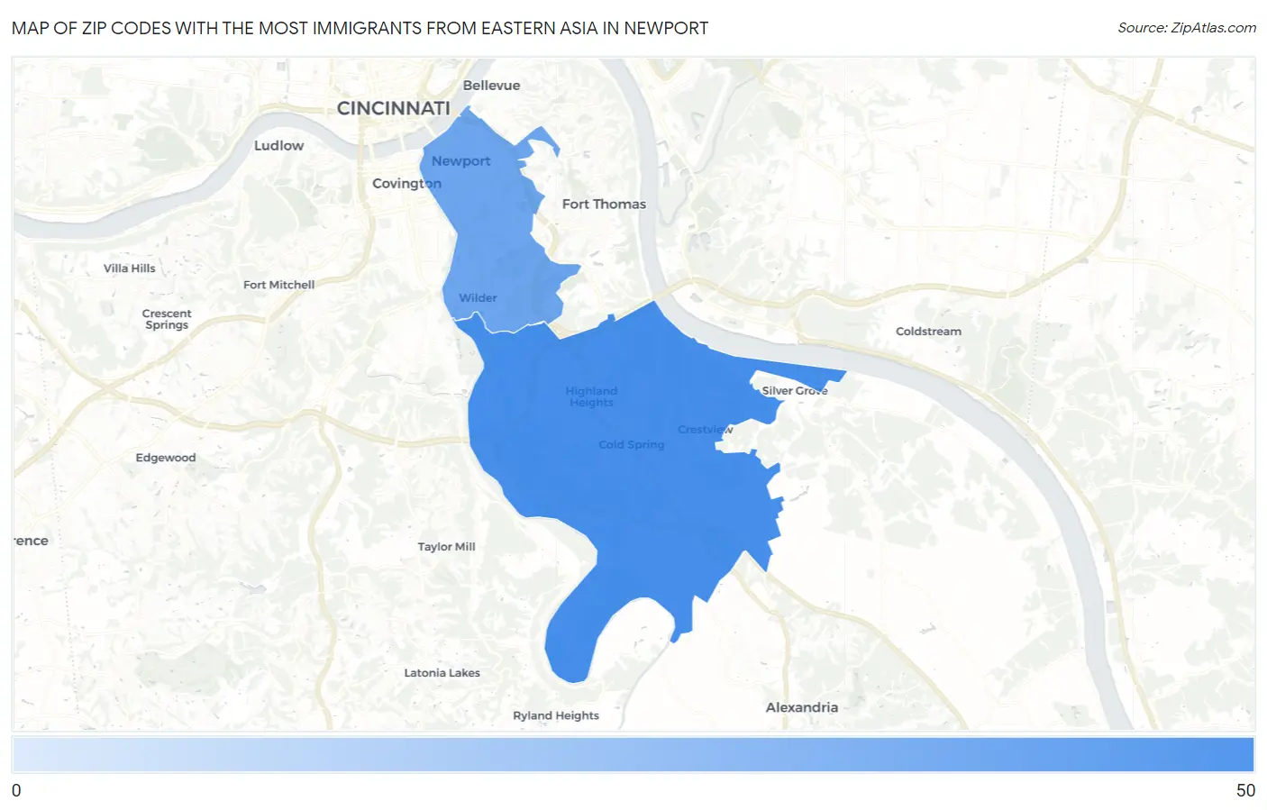 Zip Codes with the Most Immigrants from Eastern Asia in Newport Map