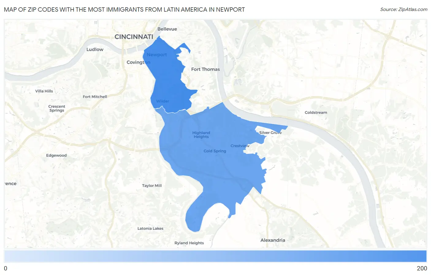 Zip Codes with the Most Immigrants from Latin America in Newport Map
