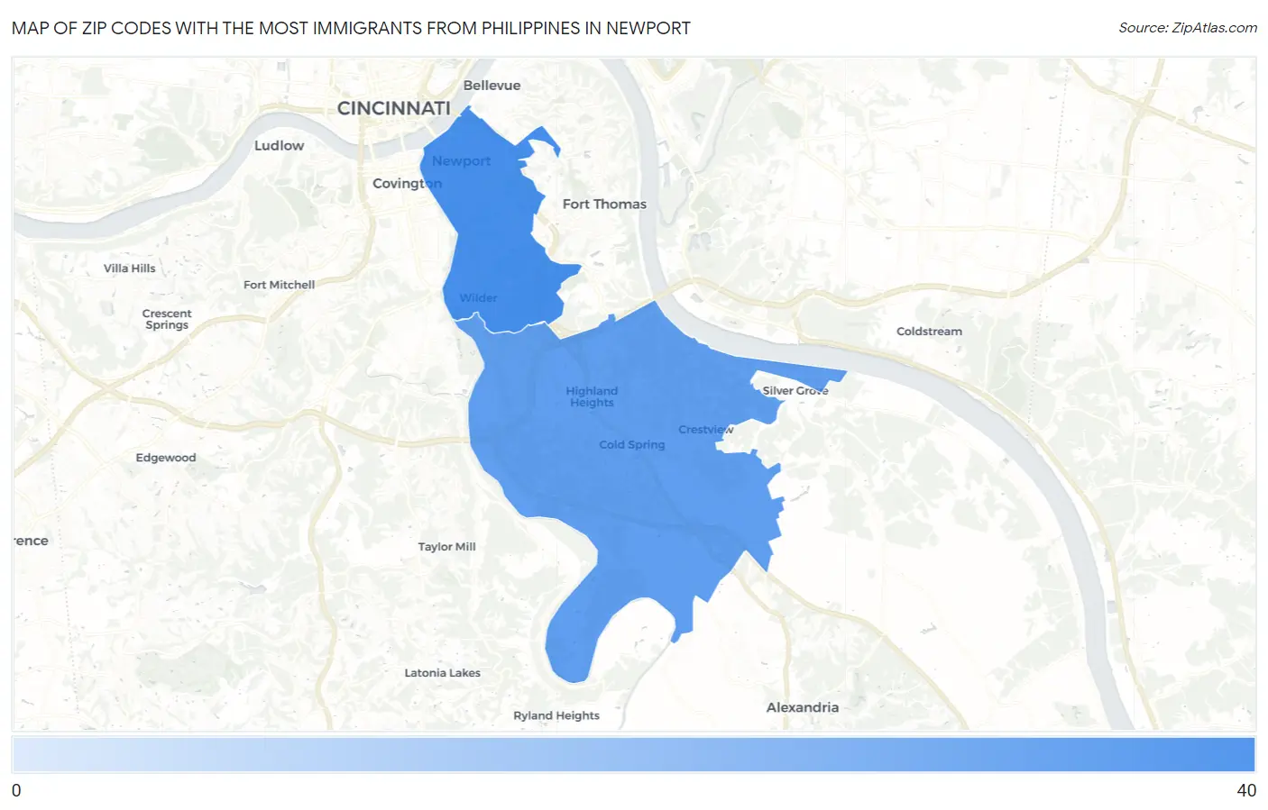 Zip Codes with the Most Immigrants from Philippines in Newport Map