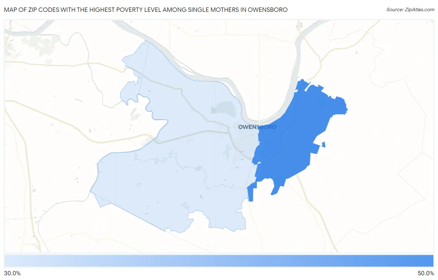 Zip Codes with the Highest Poverty Level Among Single Mothers in Owensboro Map