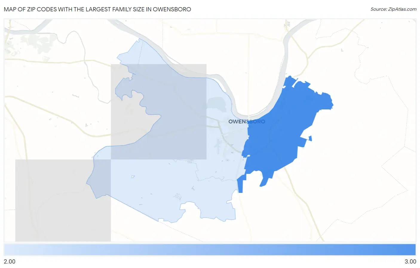 Zip Codes with the Largest Family Size in Owensboro Map