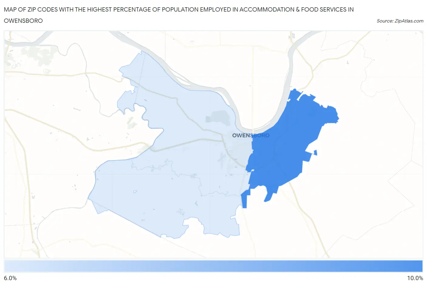 Zip Codes with the Highest Percentage of Population Employed in Accommodation & Food Services in Owensboro Map