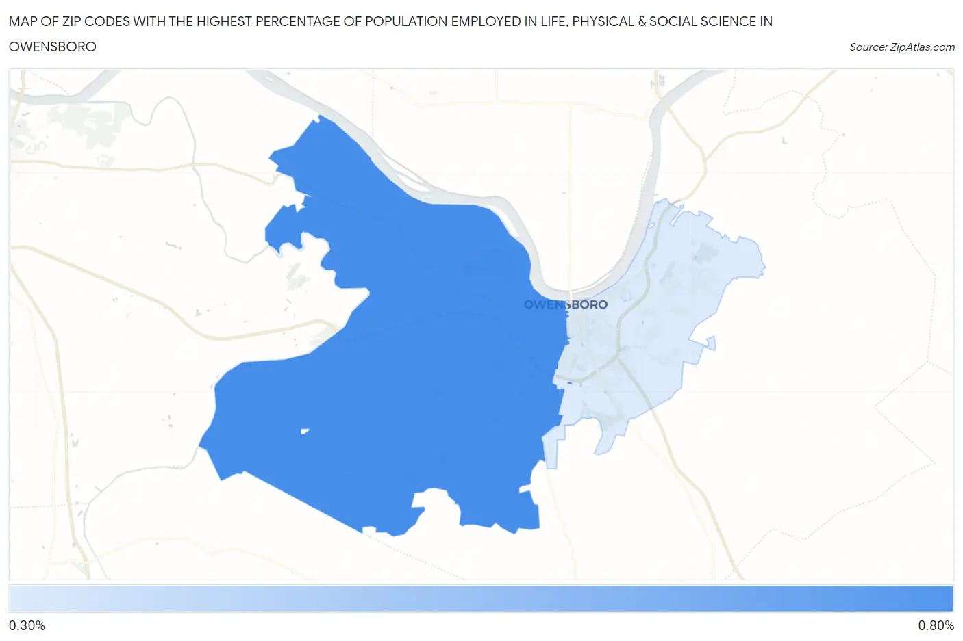Zip Codes with the Highest Percentage of Population Employed in Life, Physical & Social Science in Owensboro Map
