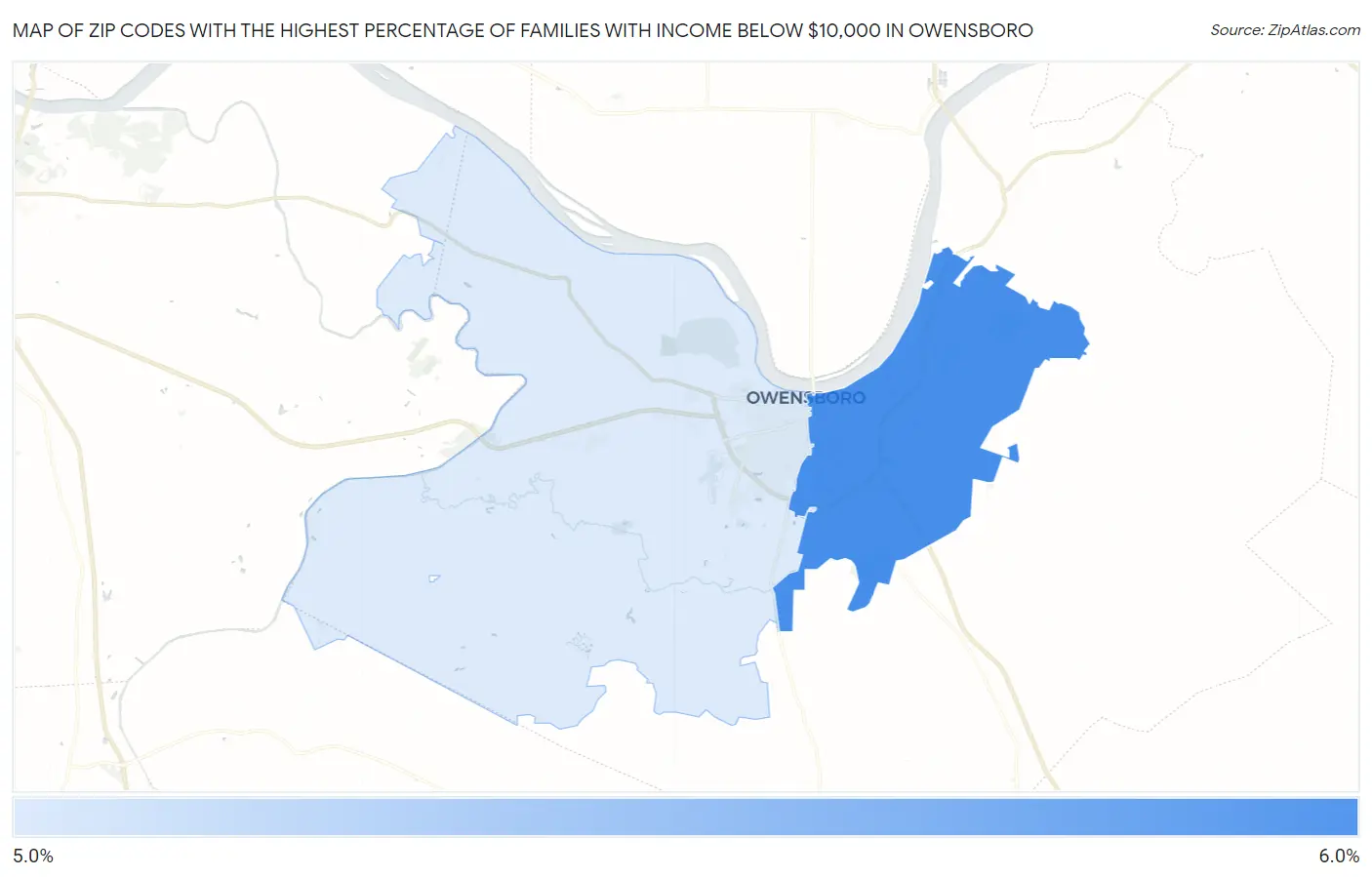 Zip Codes with the Highest Percentage of Families with Income Below $10,000 in Owensboro Map