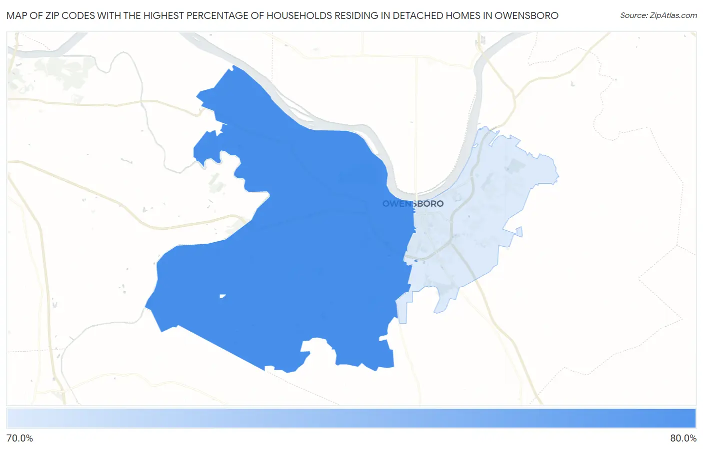 Zip Codes with the Highest Percentage of Households Residing in Detached Homes in Owensboro Map