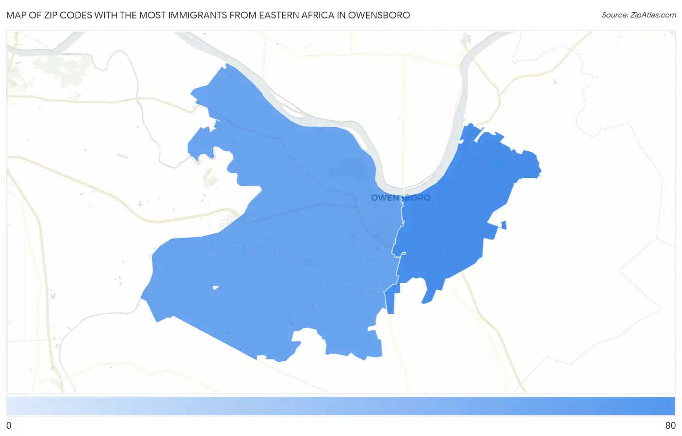 Zip Codes with the Most Immigrants from Eastern Africa in Owensboro Map