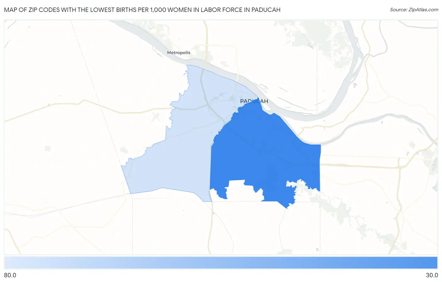 Zip Codes with the Lowest Births per 1,000 Women in Labor Force in Paducah Map