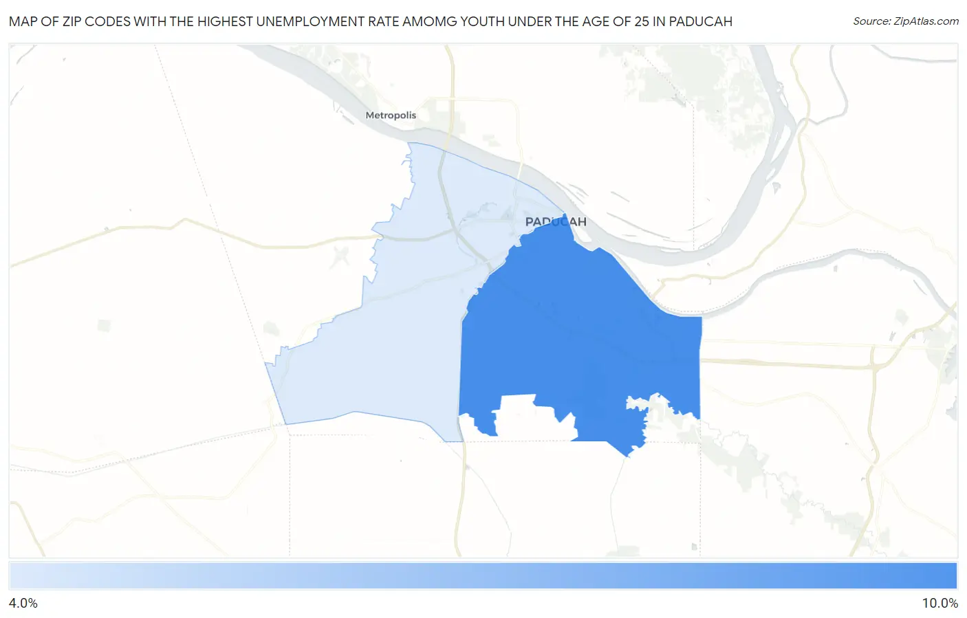 Zip Codes with the Highest Unemployment Rate Amomg Youth Under the Age of 25 in Paducah Map