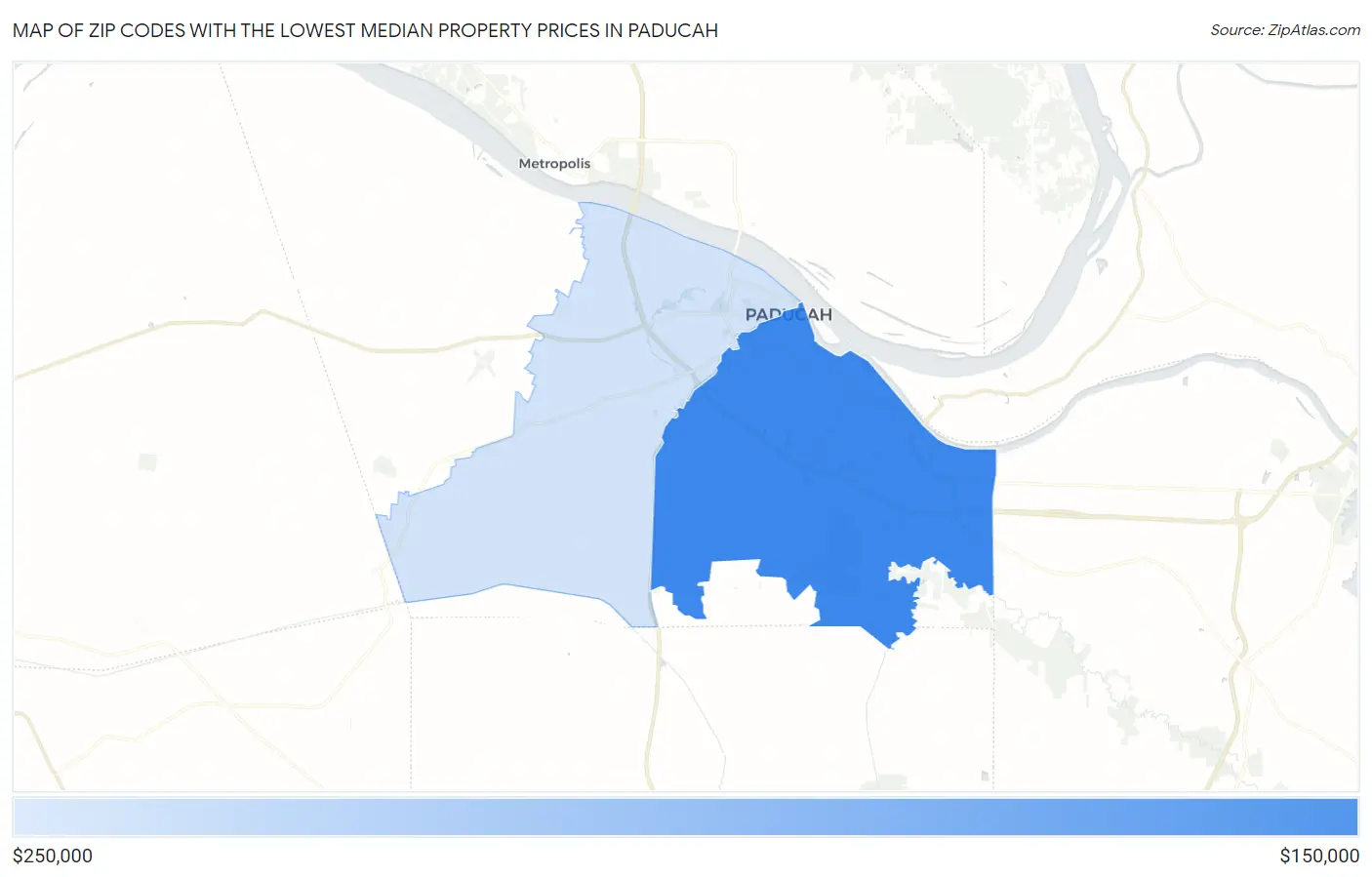 Zip Codes with the Lowest Median Property Prices in Paducah Map