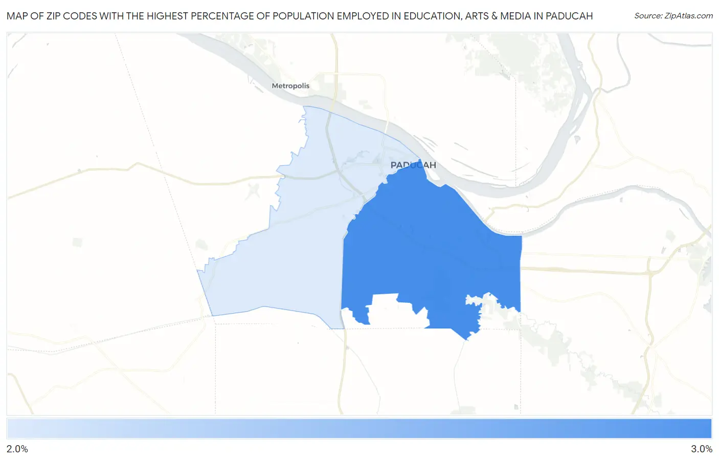 Zip Codes with the Highest Percentage of Population Employed in Education, Arts & Media in Paducah Map