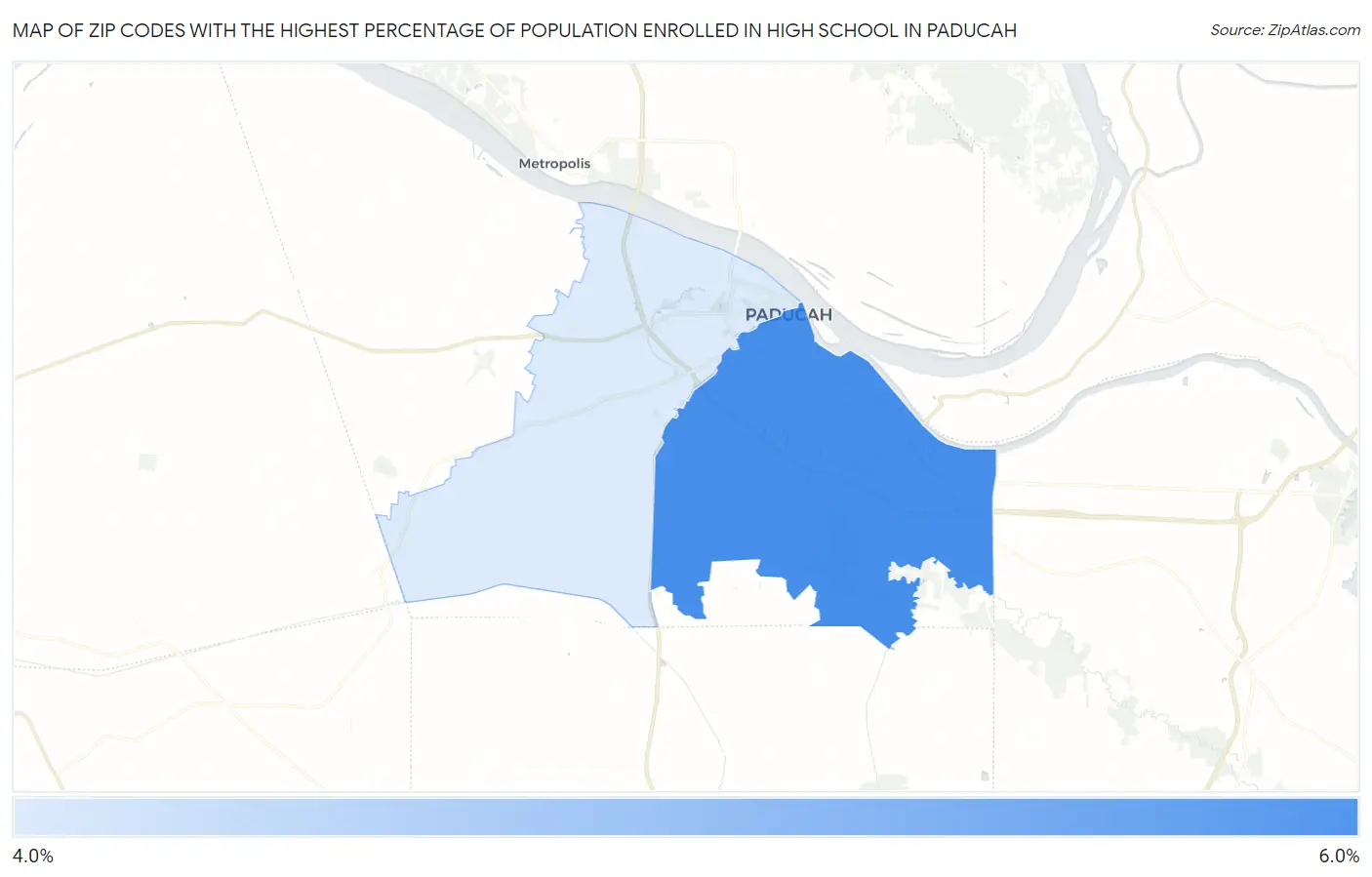 Zip Codes with the Highest Percentage of Population Enrolled in High School in Paducah Map