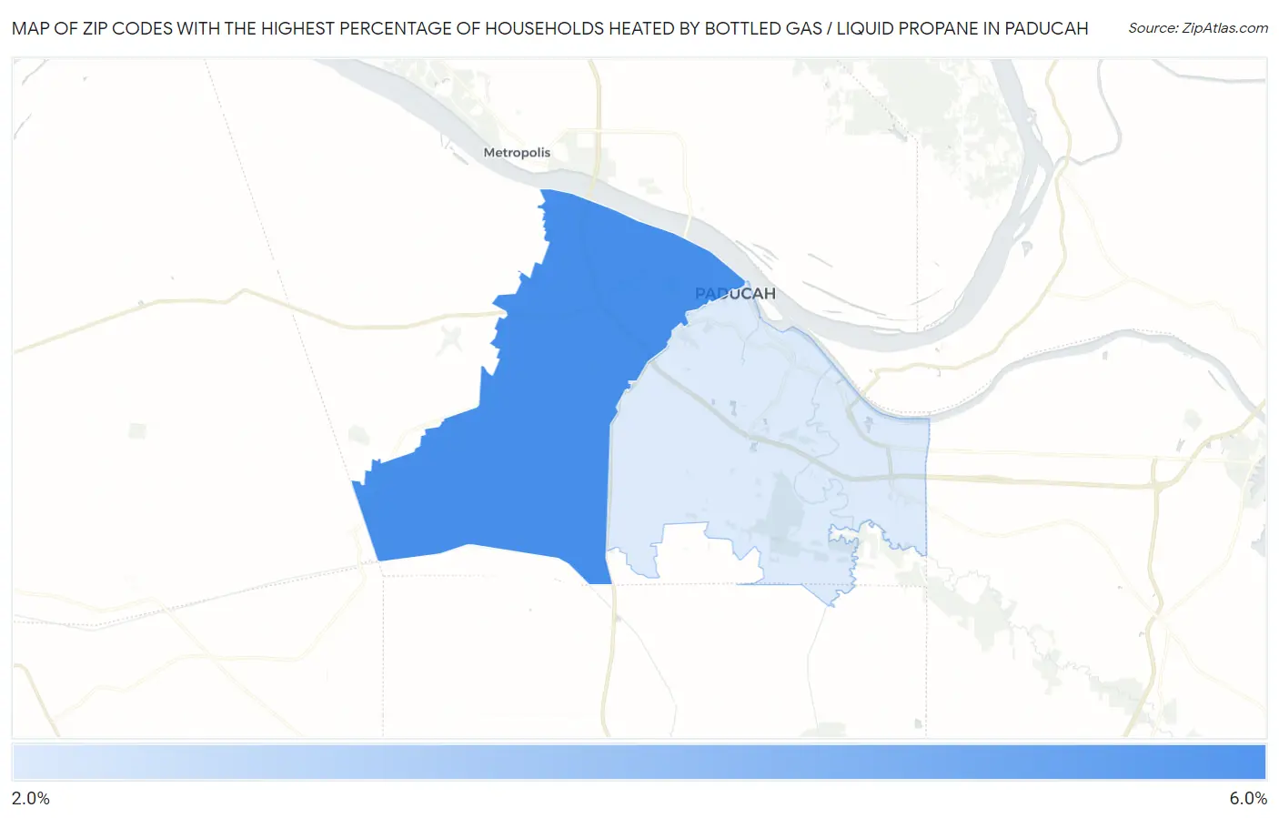Zip Codes with the Highest Percentage of Households Heated by Bottled Gas / Liquid Propane in Paducah Map