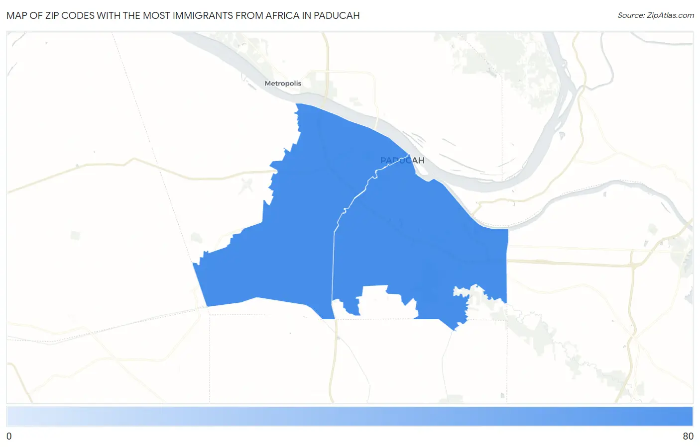 Zip Codes with the Most Immigrants from Africa in Paducah Map