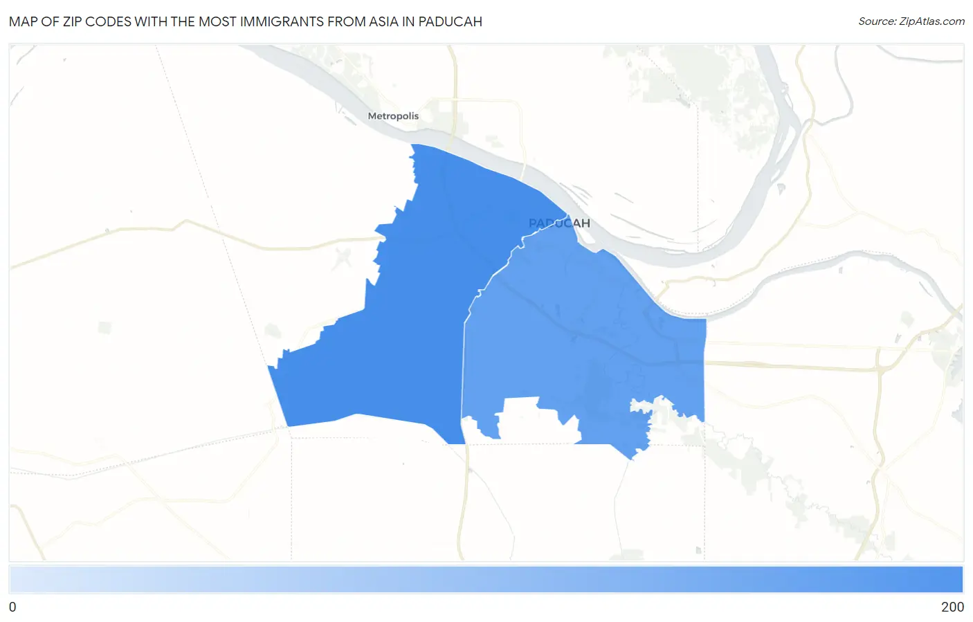 Zip Codes with the Most Immigrants from Asia in Paducah Map