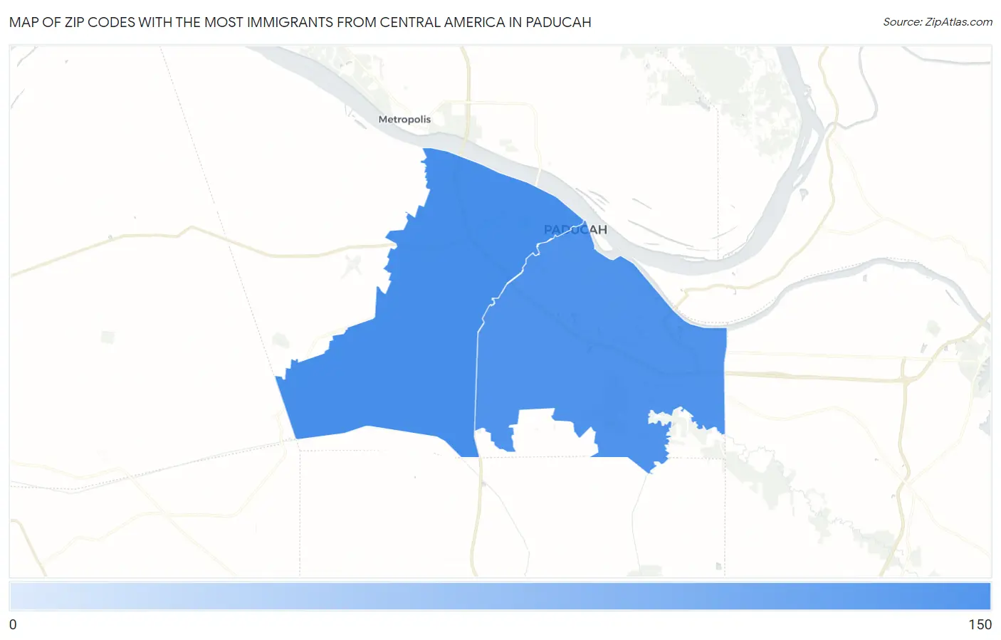 Zip Codes with the Most Immigrants from Central America in Paducah Map
