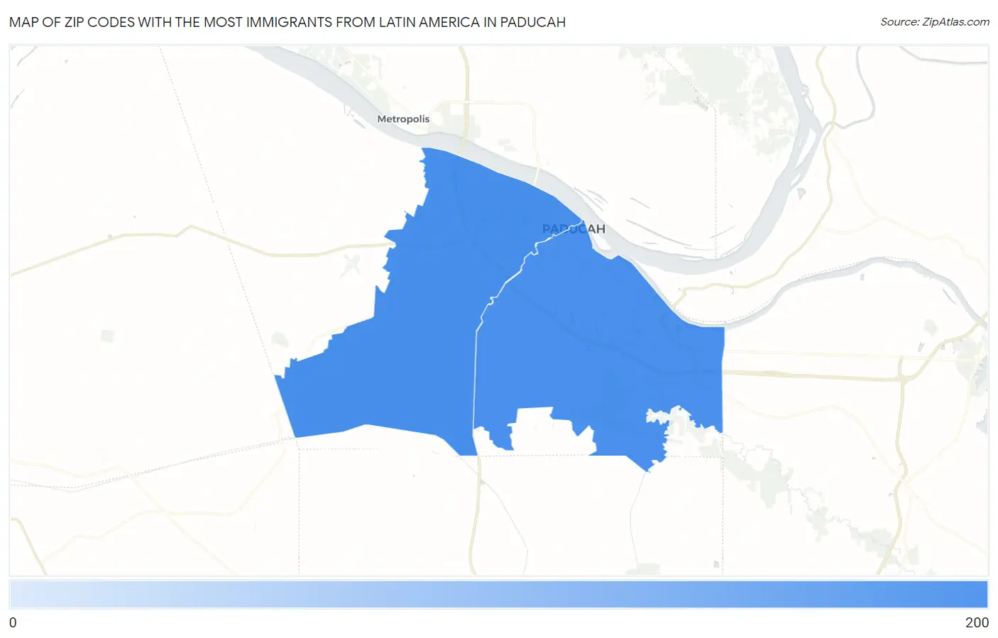 Zip Codes with the Most Immigrants from Latin America in Paducah Map