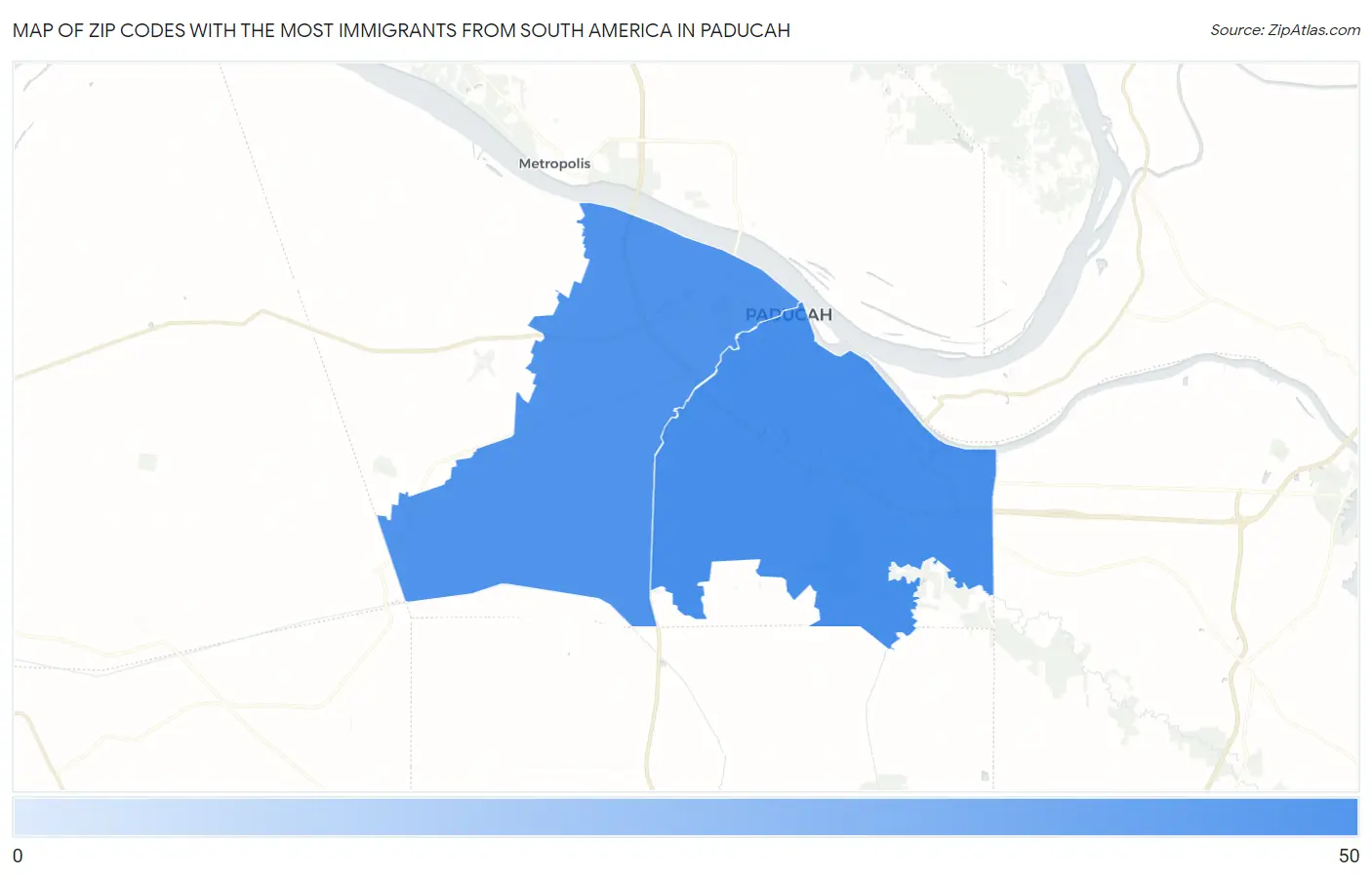 Zip Codes with the Most Immigrants from South America in Paducah Map