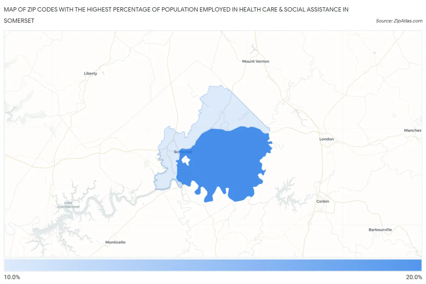 Zip Codes with the Highest Percentage of Population Employed in Health Care & Social Assistance in Somerset Map