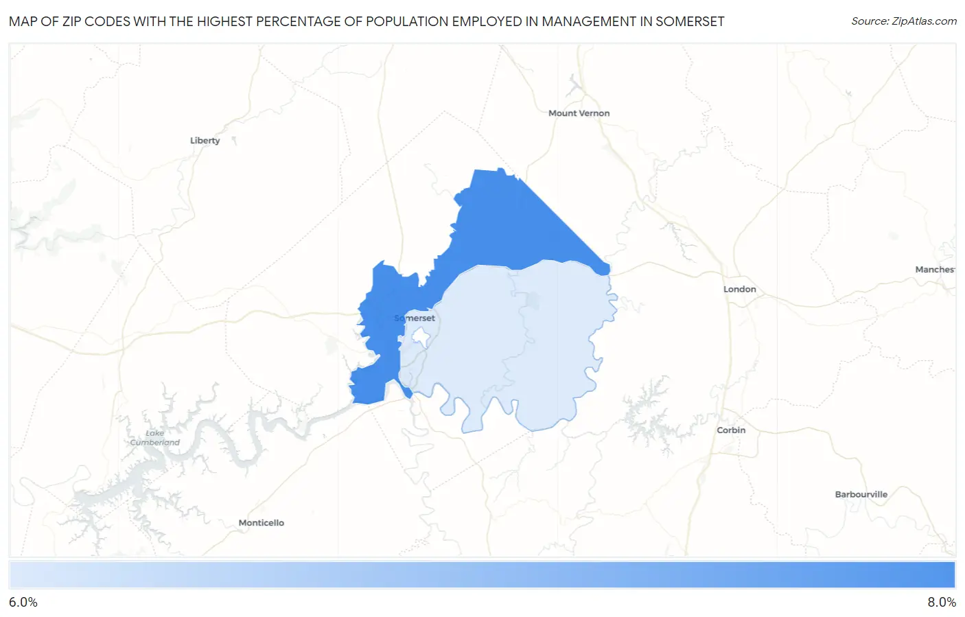 Zip Codes with the Highest Percentage of Population Employed in Management in Somerset Map
