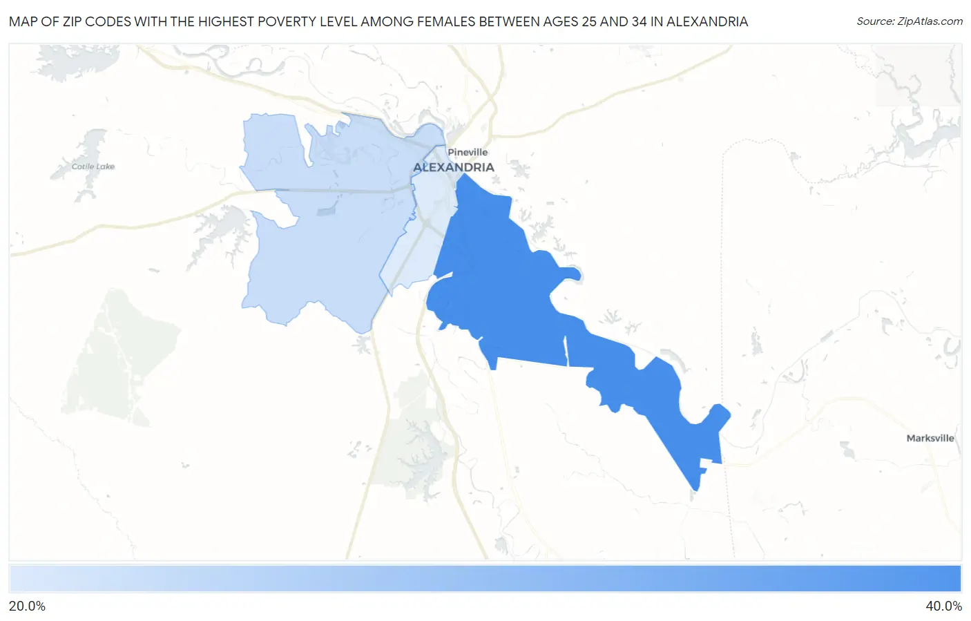 Zip Codes with the Highest Poverty Level Among Females Between Ages 25 and 34 in Alexandria Map