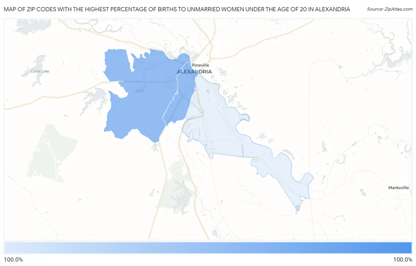 Zip Codes with the Highest Percentage of Births to Unmarried Women under the Age of 20 in Alexandria Map