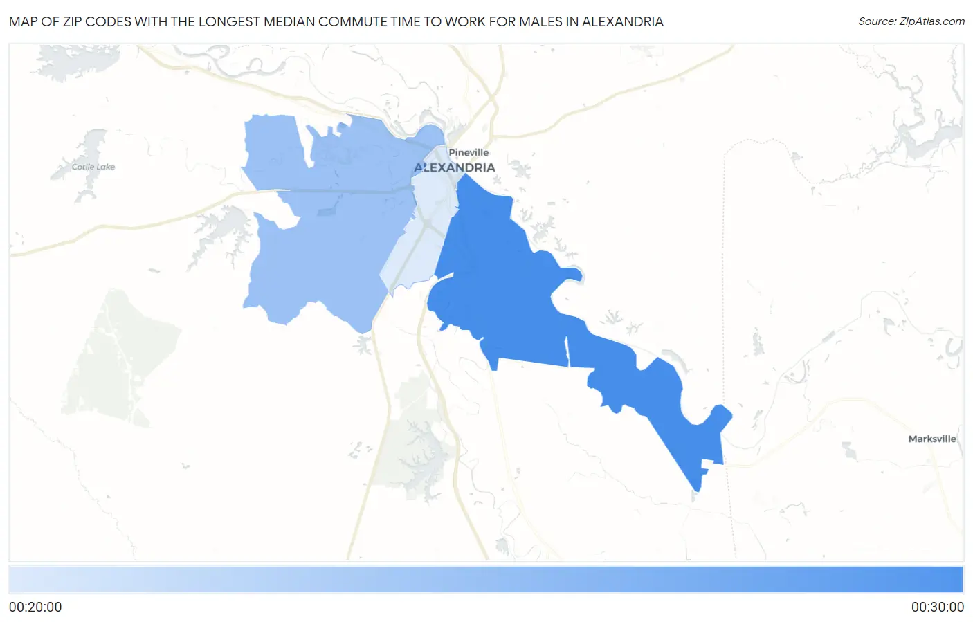 Zip Codes with the Longest Median Commute Time to Work for Males in Alexandria Map