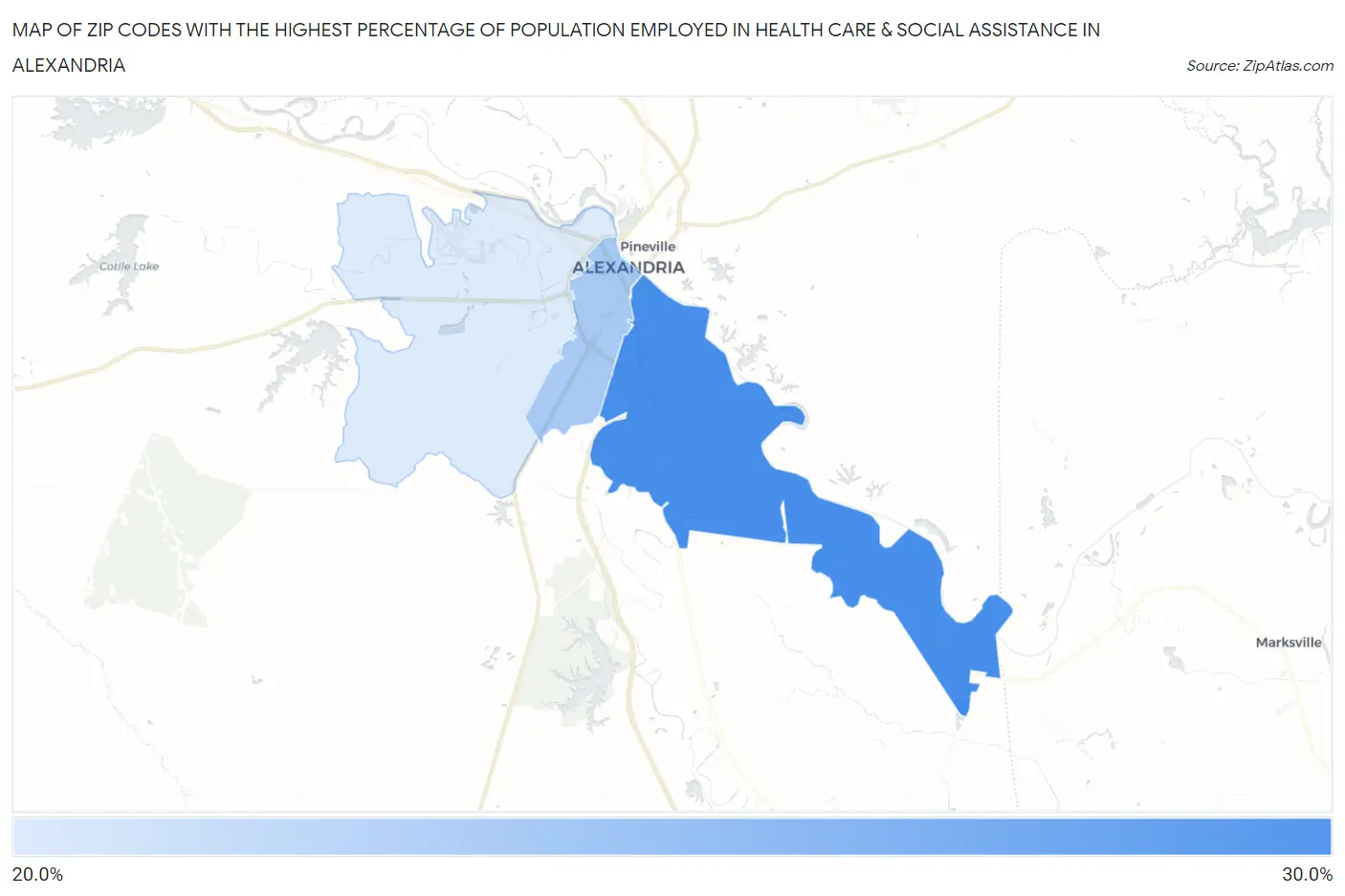 Zip Codes with the Highest Percentage of Population Employed in Health Care & Social Assistance in Alexandria Map