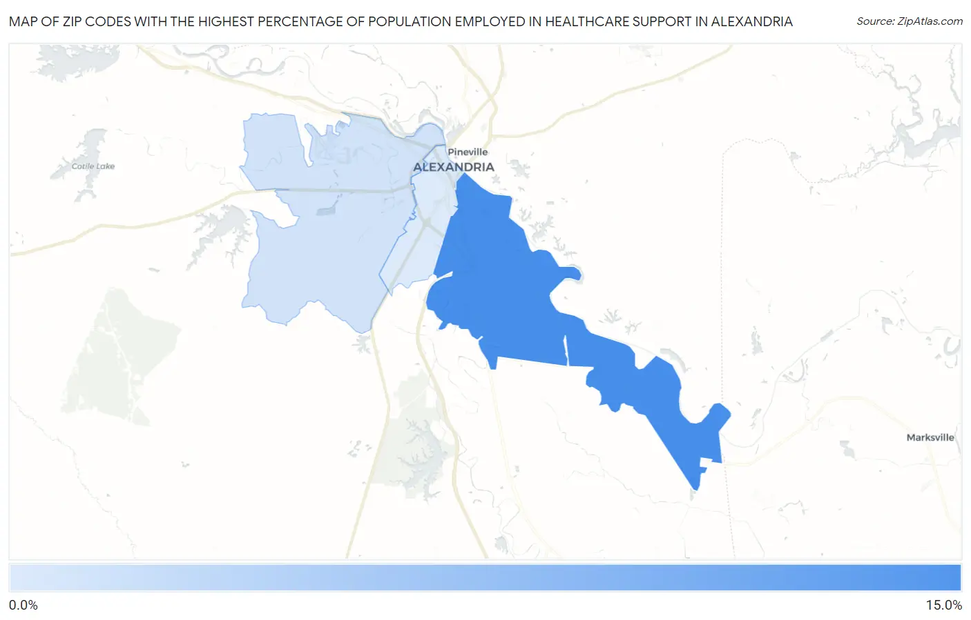 Zip Codes with the Highest Percentage of Population Employed in Healthcare Support in Alexandria Map