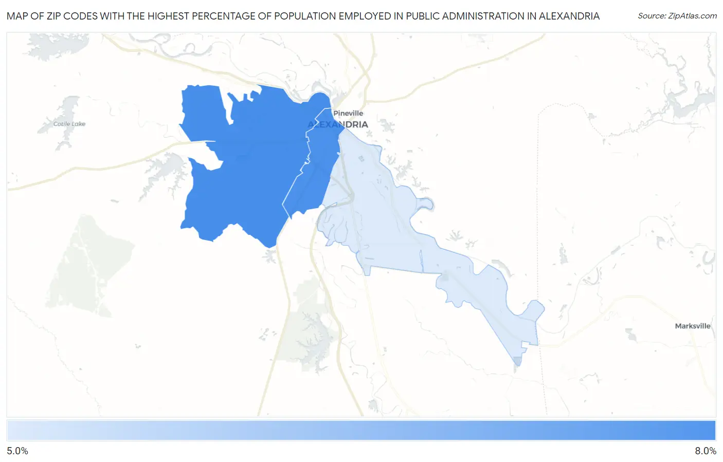 Zip Codes with the Highest Percentage of Population Employed in Public Administration in Alexandria Map