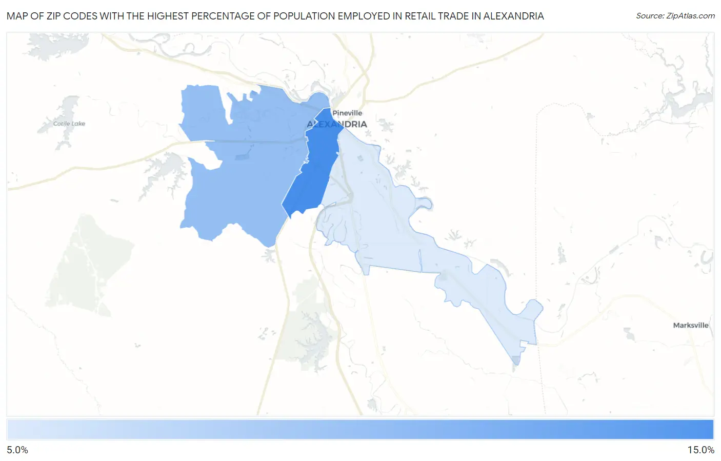 Zip Codes with the Highest Percentage of Population Employed in Retail Trade in Alexandria Map