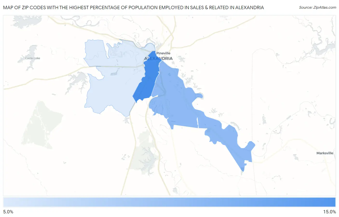 Zip Codes with the Highest Percentage of Population Employed in Sales & Related in Alexandria Map