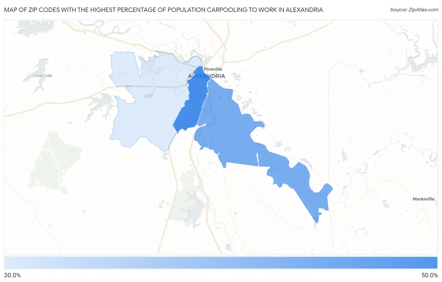 Zip Codes with the Highest Percentage of Population Carpooling to Work in Alexandria Map