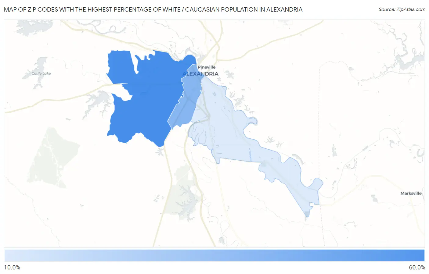 Zip Codes with the Highest Percentage of White / Caucasian Population in Alexandria Map