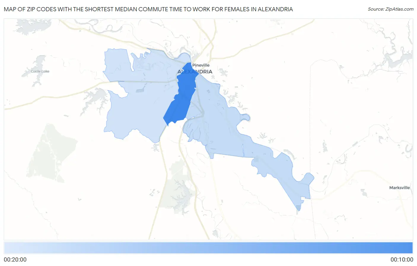 Zip Codes with the Shortest Median Commute Time to Work for Females in Alexandria Map