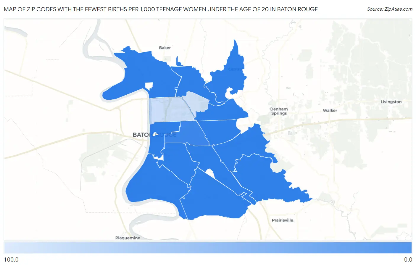 Zip Codes with the Fewest Births per 1,000 Teenage Women Under the Age of 20 in Baton Rouge Map