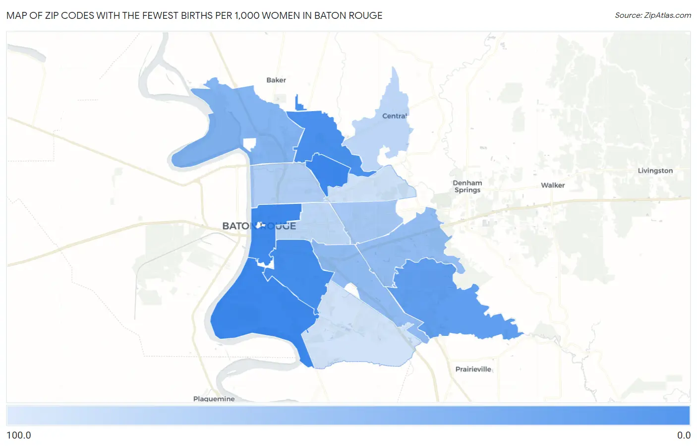 Zip Codes with the Fewest Births per 1,000 Women in Baton Rouge Map