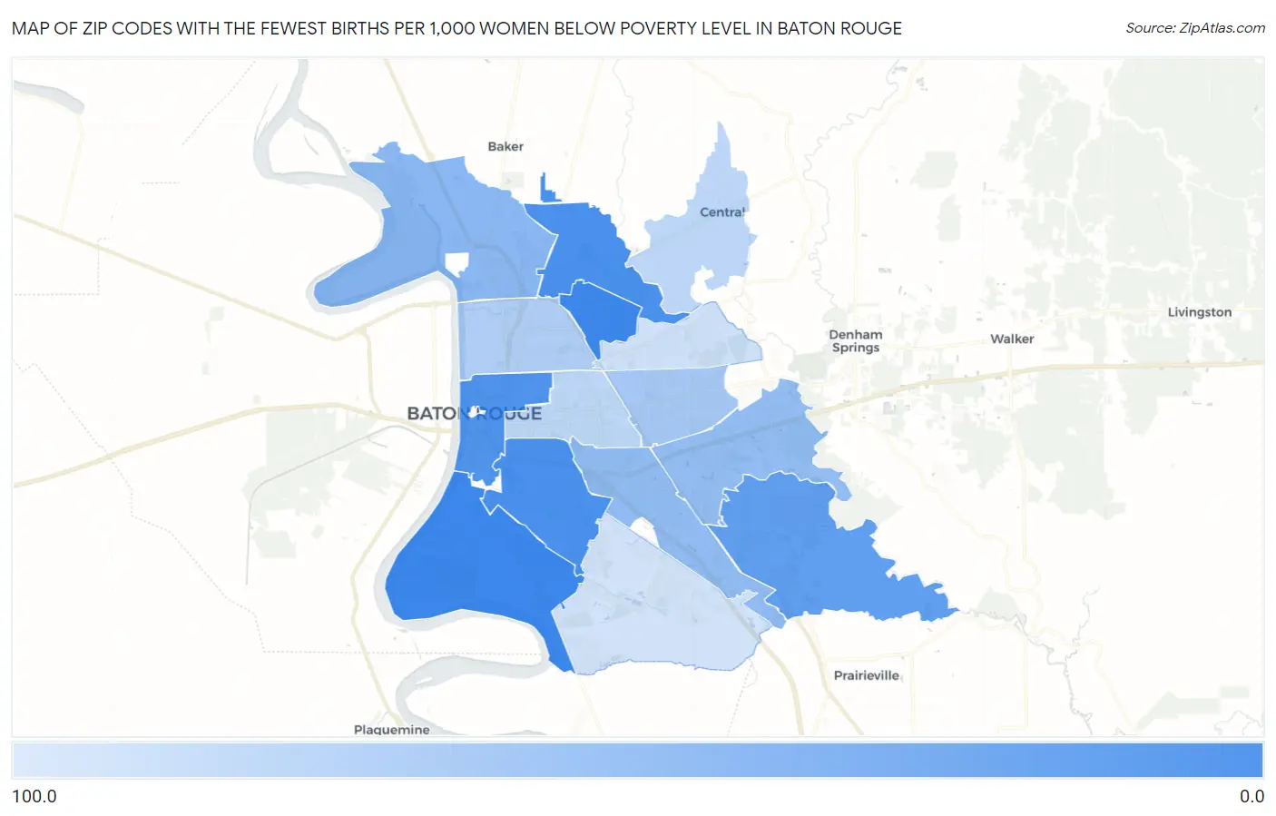 Zip Codes with the Fewest Births per 1,000 Women Below Poverty Level in Baton Rouge Map