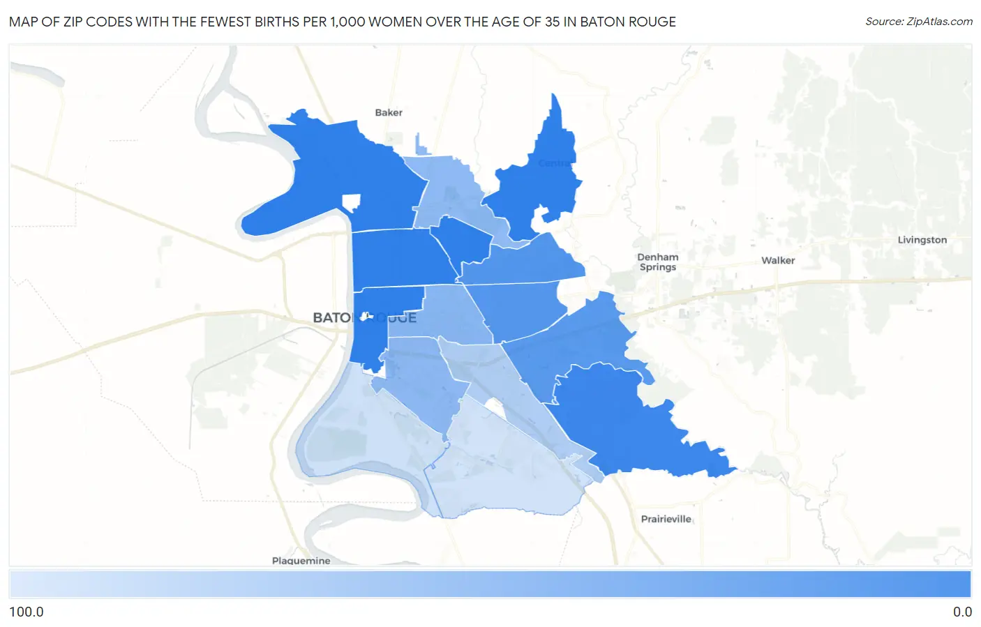 Zip Codes with the Fewest Births per 1,000 Women Over the Age of 35 in Baton Rouge Map