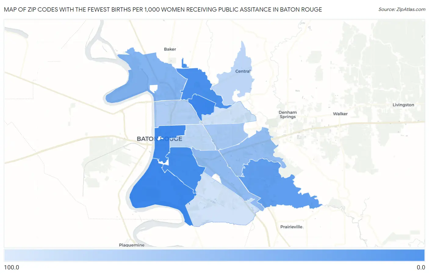 Zip Codes with the Fewest Births per 1,000 Women Receiving Public Assitance in Baton Rouge Map