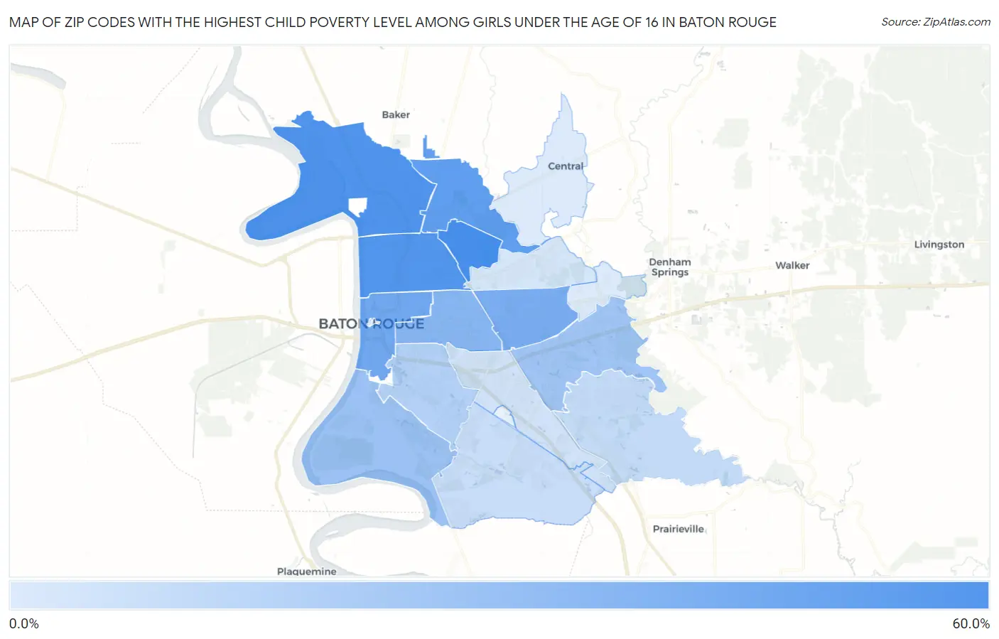 Zip Codes with the Highest Child Poverty Level Among Girls Under the Age of 16 in Baton Rouge Map
